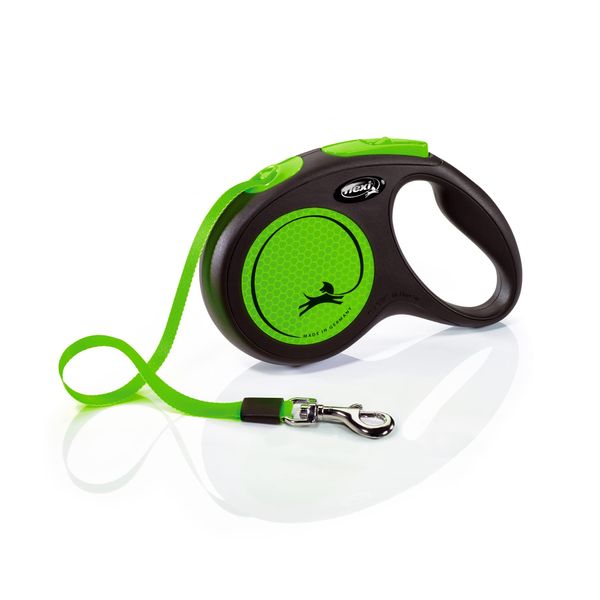 Flexi New Neon Tape Green Medium 5m Retractable Dog Leash/Lead for dogs up to 25kgs/55lbs