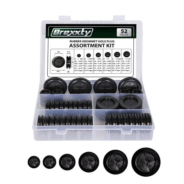 Brexxty 52pcs Rubber Grommets kit, Firewall Hole Plugs in 6 Drill Hole Sizes of 5/8" 13/16" 7/8" 1" 1-3/16" 1-1/2" – Rubber Hole Plugs for Wire Protection & Hardware Repair