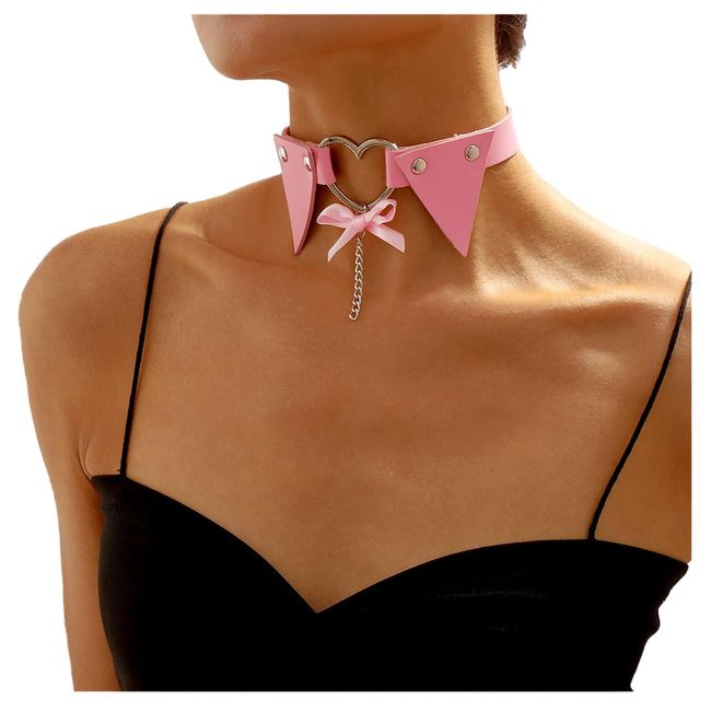 Leder Herz Halsband Gotisch Schleife Jingle Bells Halskette Kette Punk Schleife Knoten Band Kragen Schmuck für Frauen Mädchen (Rosa)