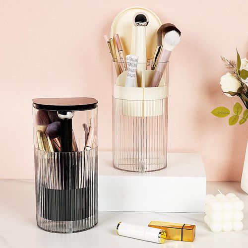 JessLab One-Touch Pop-Up Makeup Brush Organizer with Lid, Dustproof Cosmetic Brush Holder, 4-Compartment Large Capacity for Vanity, Bathroom Countertop, White