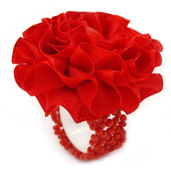 Avalaya Silk/Glass Bead Floral Flex Ring in Red/ 40mm D