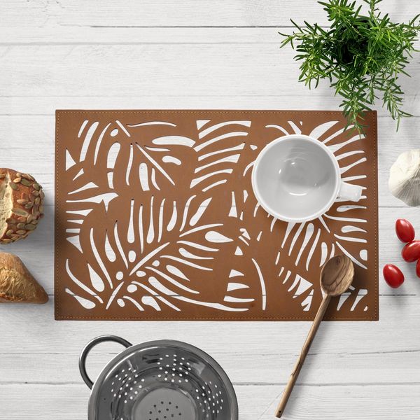 Leaf Cut Out Vinyl Placemats - Set of 6 - Brown Rectangle with Leaves