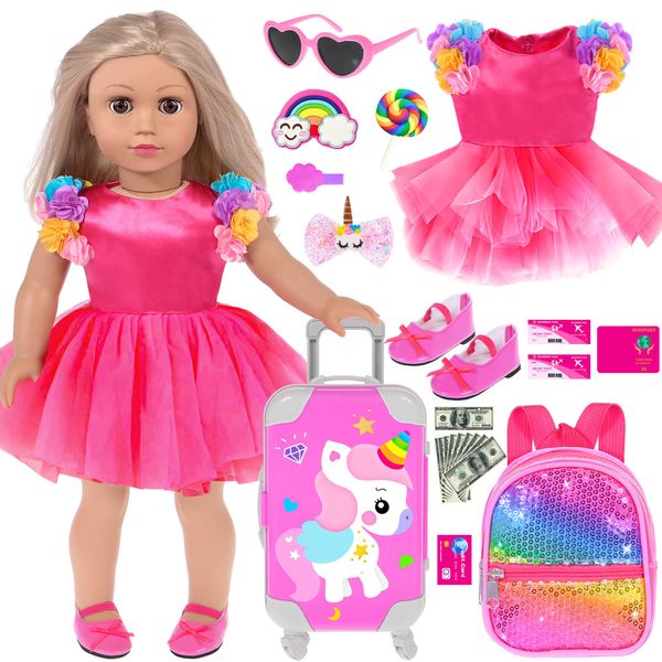 ebuddy 18 inch Doll Clothes and Accessories-Travel Suitcase Playset for 18 inch Dolls Flower Princess Dress with Backpack Luggage Include Shoes, Glasses and Ticket (No Doll)