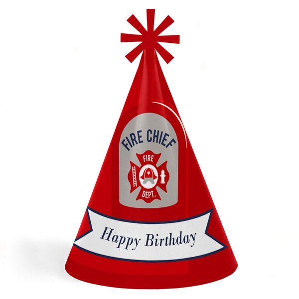 Fired Up Fire Truck - Cone Happy Birthday Party Hats for Kids and Adults - Set of 8 (Standard Size)