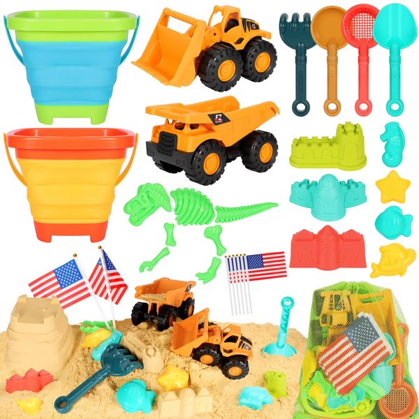 HUITEM Beach Sand Toys for Kids, 29PCS Sandbox Toys with 2 Collapsible Bucket Sand, 2 Dump Truck, Dinosaur Sand Molds, Sand Castle Kit, Shovel Sieve,Flags,Mesh Bag Travel Beach Toys for Toddler 3-10