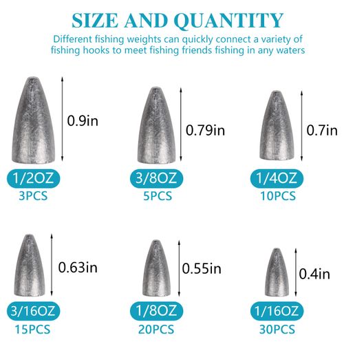 OROOTL Bullet Fishing Sinkers Weights Kit, 83pcs Worm Weights Set Bullet Sinker Weights for Fishing Sliding Sinkers for Bass Fishing Texas Rigs Carolina Rig Freshwater Saltwater Gear Tackle