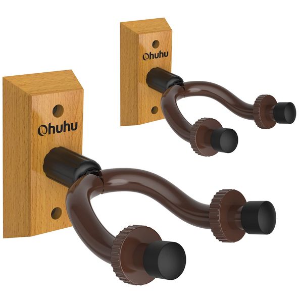 Ohuhu Guitar Wall Mount Hanger: 2-Pack Rotatable Hardwood Guitar Hangers with Screws-Adjustable Stopper Guitar Mount Hook Holder Stand for Ukulele Bass Electric Acoustic Guitar Banjo Mandolin-Wood