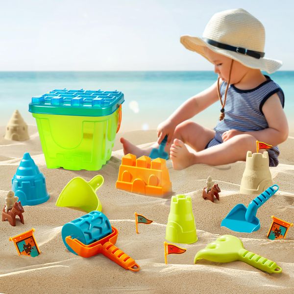 iPlay, iLearn Kids Beach Toys, Toddler Outdoor Sand Toy, Outside Summer Sandbox Playset W/Portable Castle Bucket, Shovels Set, Sand Molds, Travel Fun Gifts for 3 4 5 6 7 8 Year Old Boy Girl Children