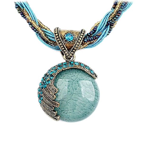 Harlorki Women Lady Retro Vintage Bohemian Style Turquoise Rhinestone Pendant Collar Chain Necklace Fashion Jewelry