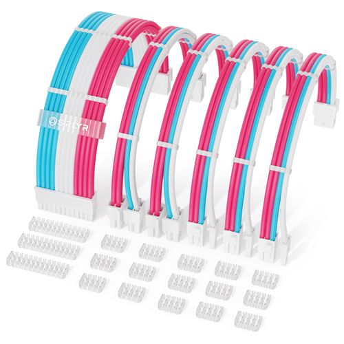 Sirlyr PSU Cable Extension Kit - 24Pin ATX / 8Pin EPS / 8Pin PCIE Power Supply Cables, 16AWG with Pre-Bent Design & Wire Organizers, Pink/Blue/White (Longer GPU 34cm/13in)