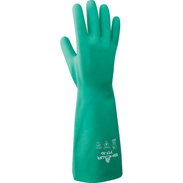 SHOWA 717 Unlined Nitrile Chemical Resistant Safety Glove, 11 mil, 13" Length, Medium (Pack of 12 Pairs), Light Green