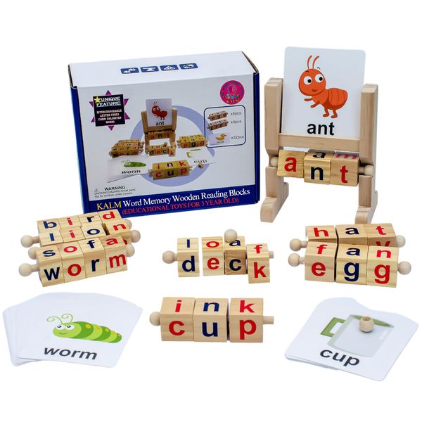 KALM Word Memory Wooden Reading Blocks - Educational Toys for 3 Year Old - Montessori Toddler Toys CVC Word Games - 8 Sets Letter Cubes, 32 pcs Phonetic Flash Cards, 1 Holder - Ideal Gift for 3-9 y.o