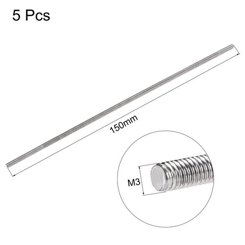 sourcing map 5Pcs M3 x 150mm Fully Threaded Rod 304 Stainless Steel Right Hand Long Screws Threads Used for Screw into Hangers and U-Bolts