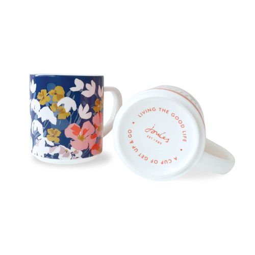 Joules Bright Side Set of 2 Stackable Ceramic Mugs for Tea or Coffee Featuring Floral and Sausage Dog Designs