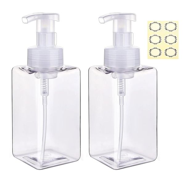 Apstaqeoo Foaming Soap Dispenser, 2Pcs 450ml Hand Soap Dispenser Refillable Foam Soap Liquid Pump Bottles Empty Plastic Shampoo Body Wash Container for Bathroom/Kitchen/Hospital/Clinic (Transparent)