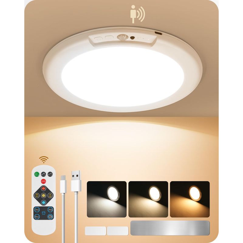 Rechargeable Motion Sensor Ceiling Light with Remote, Wireless Ceiling ...