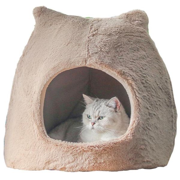 Cozy Retreat: Removable And Washable Semi-Closed Cat Bed For Autumn And Winter - Cat Ears Khaki