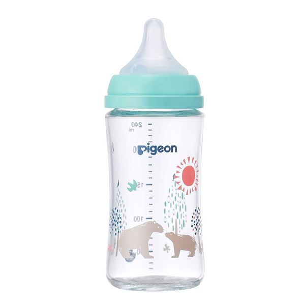 Pigeon Bear Breast Milk Bottle, 8.5 fl oz (240 ml), 3 Months, Heat Resistant Glass, Light Blue