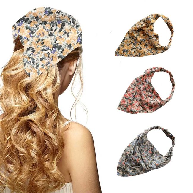 Zoestar Boho Dreieck Stirnbänder Blau Chiffon Kopf Tuch Blume Haar Bandanas Turban Haar Schals Elastische Haarband für Frauen und Mädchen (3 Stück)