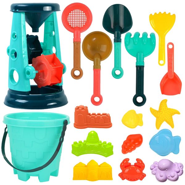 ZYOUWEUS Beach Toys Set for Kids，17 Pieces Sand Toys Includes Bucket and Water Wheel Molds and Beach Tools,Sandbox Toys for Toddlers Kids Age 3-10 (Bucket)