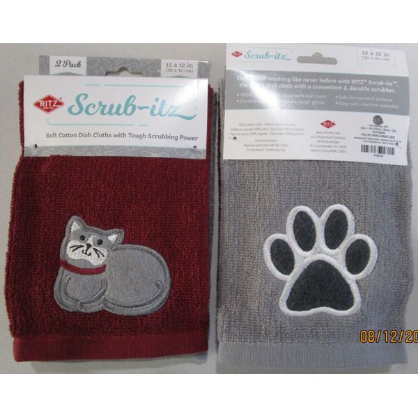 DISH CLOTHS SET OF 2..SOFT DISH CLOTH -TOUGH SCRUBBING..CAT AND PAW  .12" X 12"