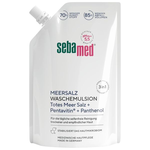 SEBAMED Meersalz Wasch-Emulsion 400 ml Nachfüllbeutel, für die tägliche seifenfreie Reinigung für Gesicht, Körper und Hände, wirkt Austrocknung entgegen, mit original Totes Meer Salz Mineralien