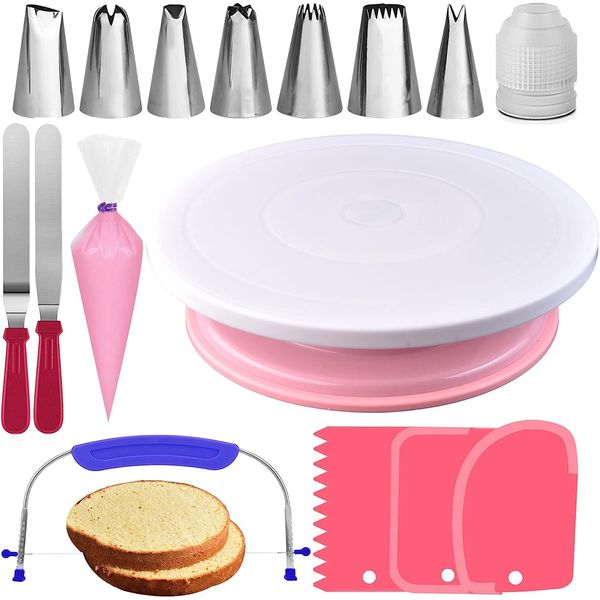 RFAQK 35PCs Cake Turntable and Rotating Cake Stand with Non Slip pad-7 Icing Tips and 20 Bags- Straight & Offset Spatula-3 Scraper Set -EBook-Cake Decorating Supplies Kit -Baking Tools