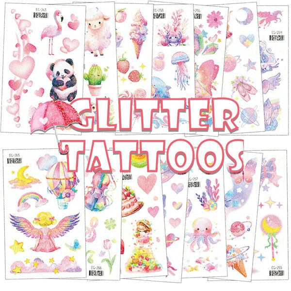 Qpout 14 Sheets Glitter Tattoos for Kids Girls,Cute Cartoon Temporary Tattoos Butterfly Animal Party Gift Body Art Makeup Sticker for Princess Birthday Fairy Party Favors Gifts Bags Filler