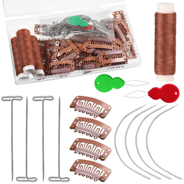 WILLBOND 85 Pieces Hair Extensions Clip Wig Making Set, Includes 50 U-Shape Snap Clips, 10 Curved Needles, 20 T-Pins, 3 Rolls Weaving Thread, 2 Needle Threader for Wig Making Hair Extensions (Brown)