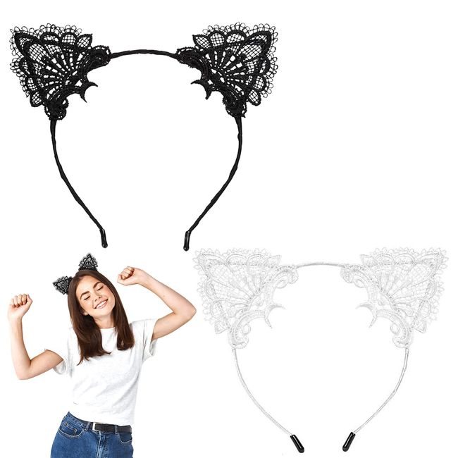 Noakofo 2Pcs Lace Cat Ears Headband Bat Ears Cat Ear Clips Cat Maid Headband 70s Headbands for Women Kawaii Hair Accessories Women Girls Hair Hoop Party Decoration