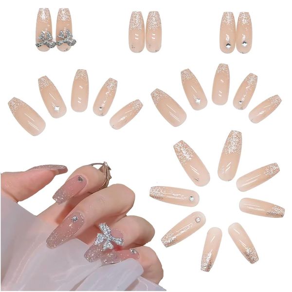 24 Pcs Fake Nail Rhinestones Press on Nail Bow Tie Artificial False Nails with Glue Stickers for Women and Girls