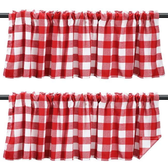 Tatuo Buffalo Plaid Curtains Buffalo Window Valances Farmhouse Design Window Decor Rod Pocket Valances for Kitchen, Bathroom, Living Room, 16 x 56 Inch (Red-White, 2 Pieces)