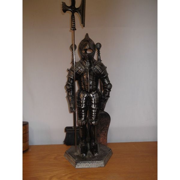 Very large Medieval knight in armor fireplace poker and tools set