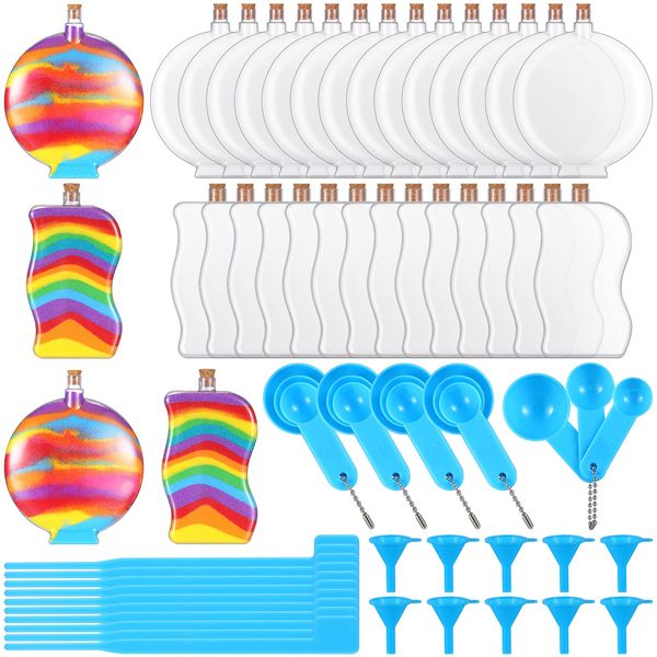 Tanlade 90 Pcs Sand Art for Kids Kits 30 Plastic Sand Art Bottles, 30 Cork Stopper, 10 Plastic Funnels, 10 Stirring Sticks, 10 Sets Measuring Spoons, Sand Art Container Bulk for DIY Crafts Decoration