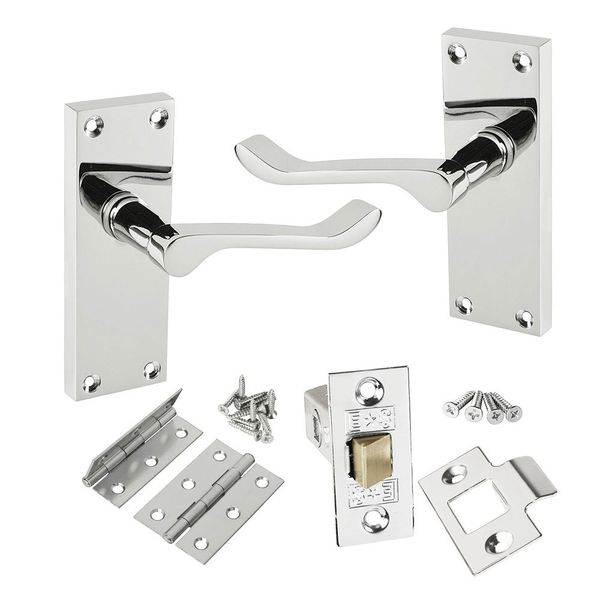 Victorian Scroll Latch Door Handle Pack Polished Chrome with Hinges & Latch - Handlestore®