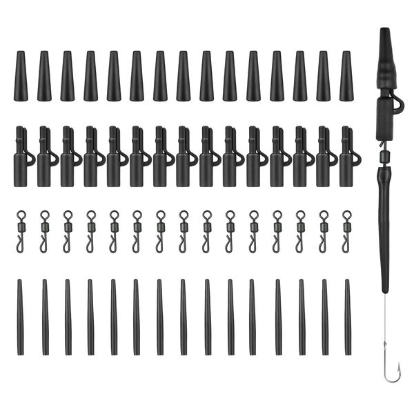 Realure 60 Pcs Lead Clips Carp Fishing Accessories Safety Lead Clips Action Pack with Clips Anti Tangle Sleeves Rubber Tails and Quick Change Swivels for Small Weights,Feeder (Black)