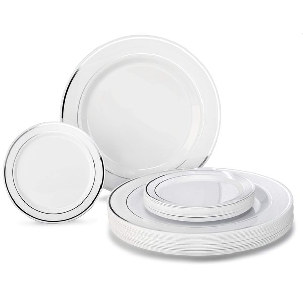 " OCCASIONS" 120 Plates Pack, Heavyweight Premium Disposable Plastic Plates Set 60 x 10.5'' Dinner + 60 x 6.25'' Dessert/Cake Plates (White & Silver Rim)