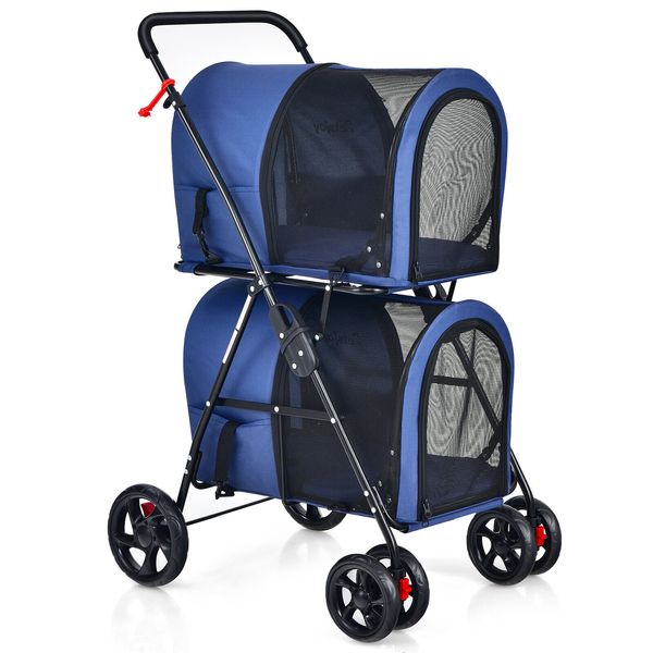 Double 4-in-1 Pet Stroller w/ Detachable Carrier Travel Carriage for Cats Blue