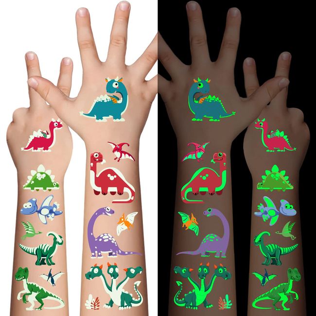 Dinosaur Glow Temporary Tattoos for Kids,Dinosaur theme Luminous Tattoos Stickers,Glow In The Dark Tattoos for Boys and Girls,Face Makeup Fake Tattoos,Holiday Party Supplies Giftsfor for Children