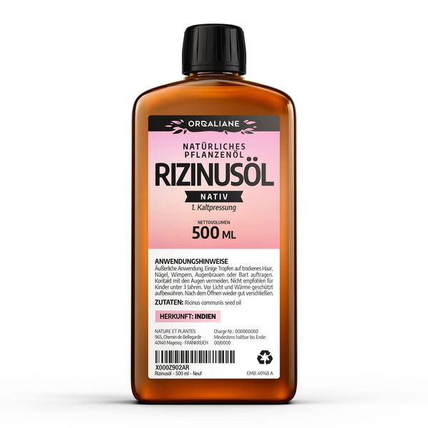 Rizinusöl 500 ml - 100% nativ - kalt gepresst - Ricinus Communis - Orgaliane