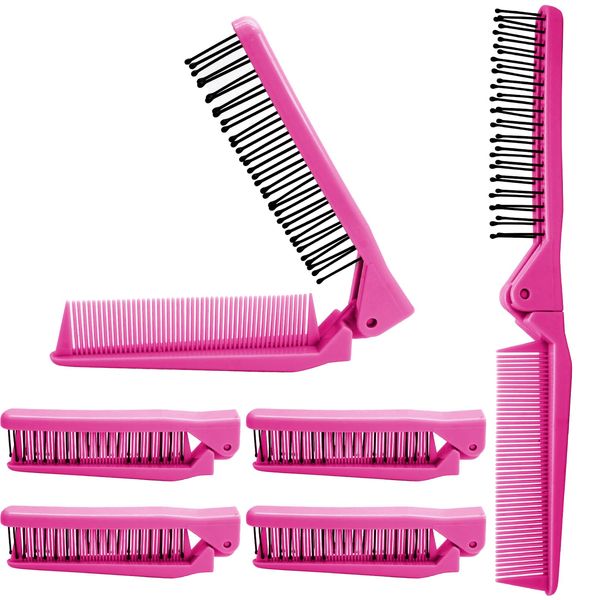 Qjaiune 6PCS Travel Foldable Brush Comb Portable Folding Comb, Anti-Static Hair Comb Mini Pocket Comb, Double Headed Hair Brush Hairdressing Tools Plastic Folding Comb for Men Women (Hot Pink)