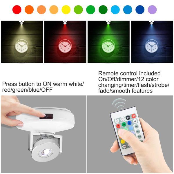 LUXSWAY Wireless LED Spotlights with Remote Battery Operated Accent Light Display Picture Light with Rotatable Head 12 Color Changing Indoor Spotlight Stick on Light for Artwork Dart Board Gallery