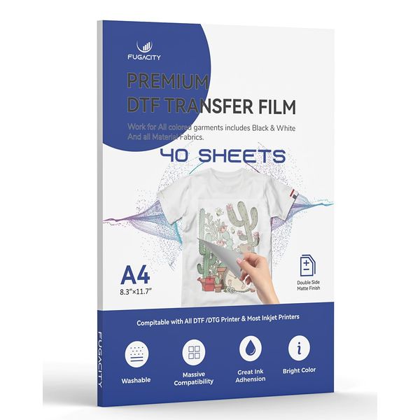 DTF Transfer Film- A4 (8.3" x 11.7") 40 Sheets Premium Double-Sided Matte Finish PET Transfer Paper Direct to Film for T-Shirts