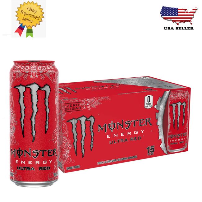 New Monster Energy Ultra Red, Sugar Free Energy Drink, 16 Ounce (Pack of 15)