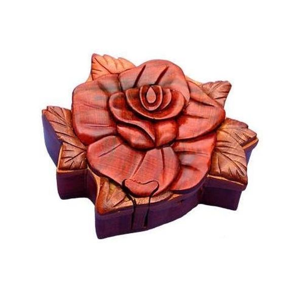 Rose Handmade Carved Wood Intarsia Puzzle Box by The Handcrafted