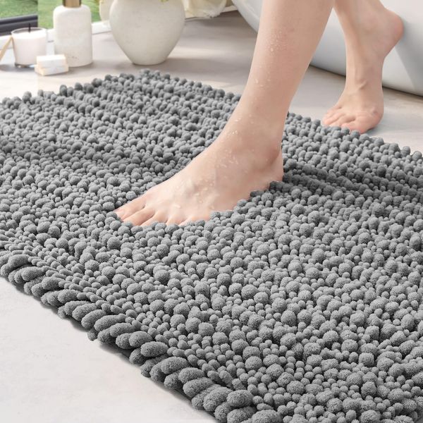 DEXI Chenille Bath Mat, Non Slip Thick Bathroom Mat, Absorbent and Soft Bath Rugs, Washable Carpet Runner Floor Mat, 40 x 60cm, Grey