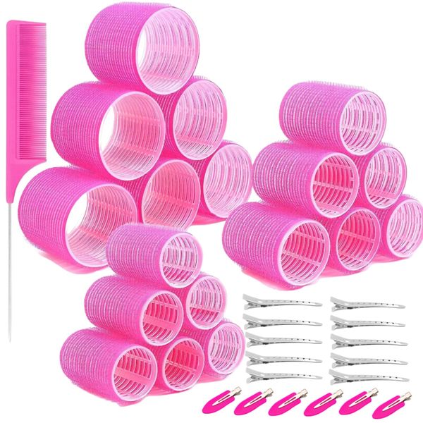 Self grip hair roller set,35pcs,DIY Hair,3 Sizes Rose Red Hair Roller 1 Set,Large Curling Iron with Curling Clip and Comb,For Long, Medium, Short, Thick, Fine Hair Curl Bangs