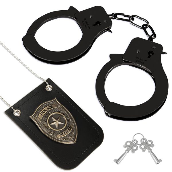 Handcuffs with Keys Police Badge Police Officer Costumes Set, Halloween Police Pretend Play Dress Up Accessory (Style - A)