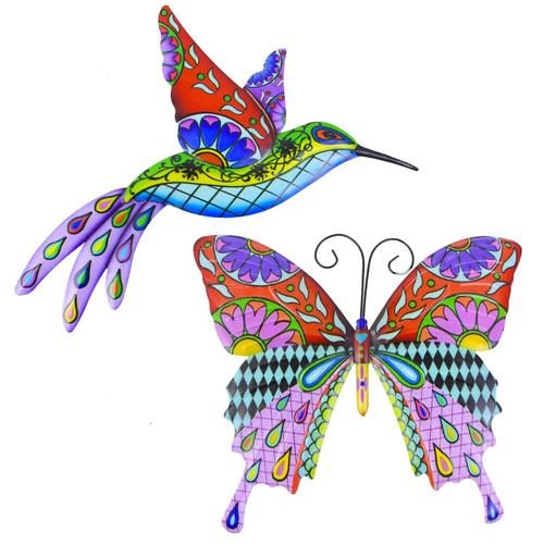 2 Pcs Metal Hummingbird Butterfly Wall Art Decor, Wrought Iron Hummingbird Butterfly Garden Ornament Garden Wall Decorations Outdoor Wall Art Fence Decorations for Bedroom Garden Patio Porch or Fence