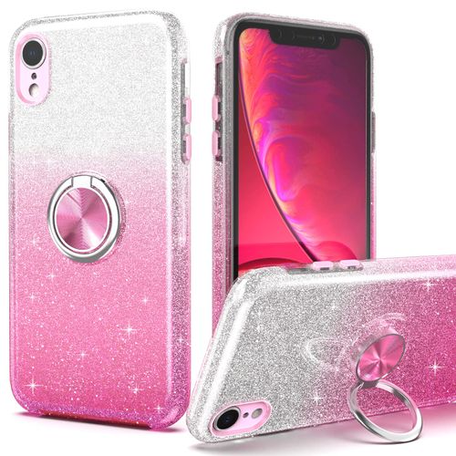 PeeTep for iPhone XR Case,Slim Glitter Sparkly Case with 360°Ring Holder Kickstand Magnetic Car Mount Shock-Absorbent Protective Sturdy Cover for iPhone XR 6.1" for Girls Women, Pink
